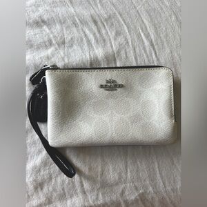 Coach White and Blue Wristlet With Color Block And Double Zipper.